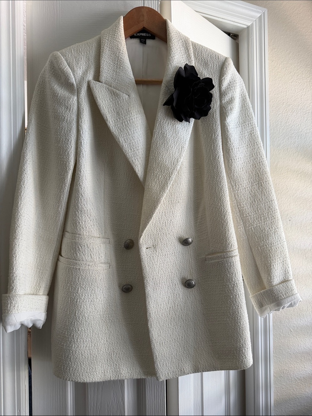 Express Cream Double-Breasted Textured Blazer with Black Floral Pin